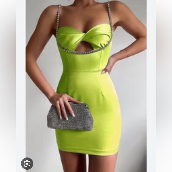 Runaway Serafina Neon Green Jewelled Straps Mini Dress - Picture 3 of 13